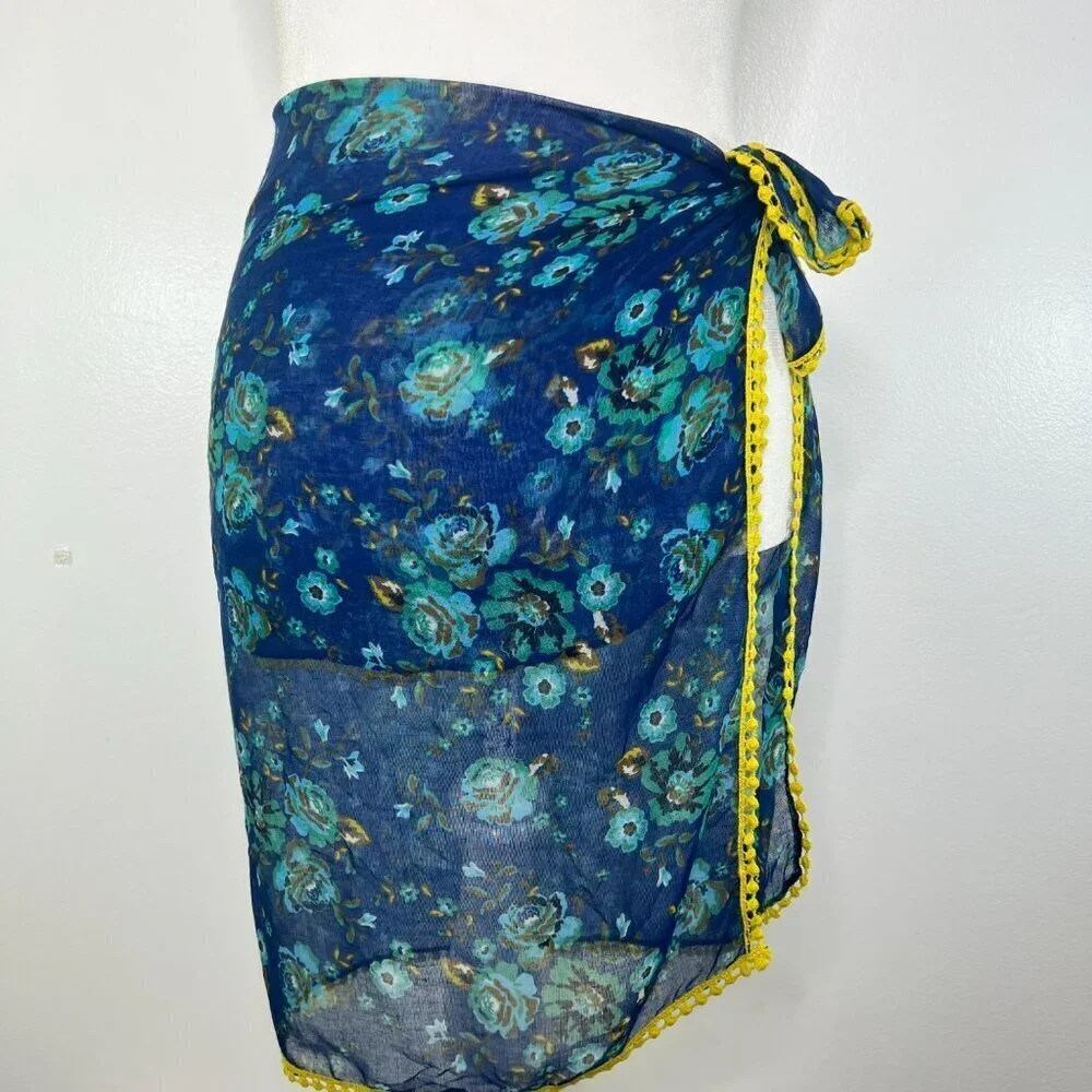 Women's‎ Square Scarf 40 in Blue Floral Yellow Crochet Hem Sheer Vibrant Coverup